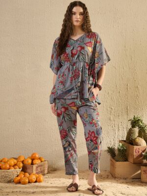 Beige Floral Lapel Collar Pure Cotton Night Suit For Women