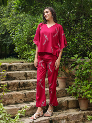 Pink Shirt Collar Animal Pure Cotton Night Suit For Women
