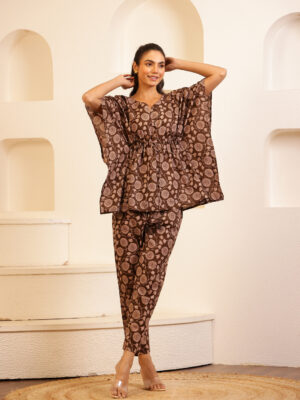 Brown V-Neck Pure Cotton Floral Printed Night Suit for Women