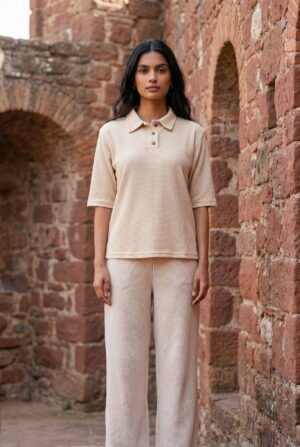 Beige Shirt Collar Solid Lycra Night Suit For Women
