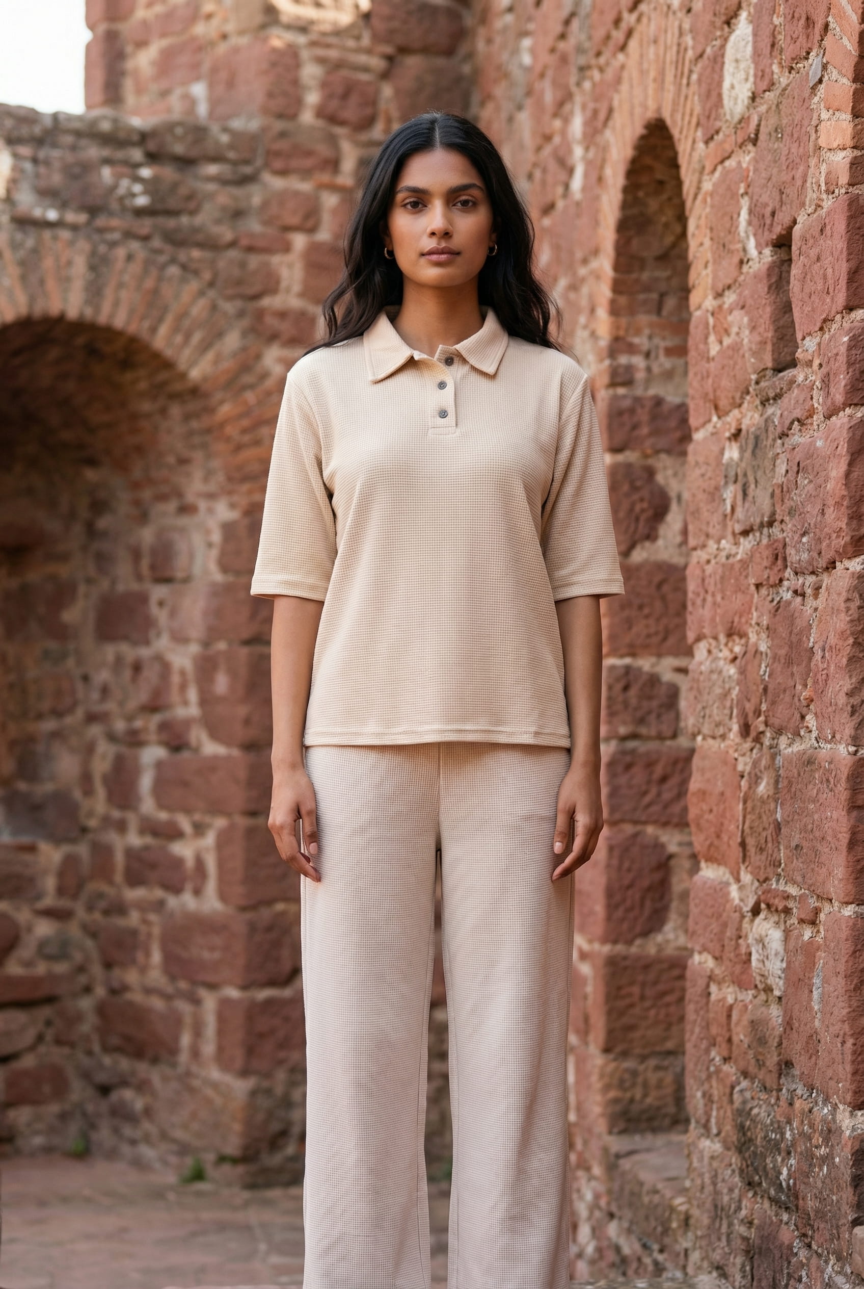 Beige Shirt Collar Solid Lycra Night Suit For Women