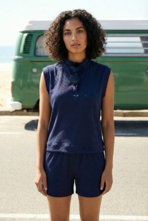 Navy Blue Shirt Collar Solid Lycra Night Suit For Women