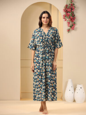Navy Blue Floral Print V-Neck Cotton Night Dress For Women