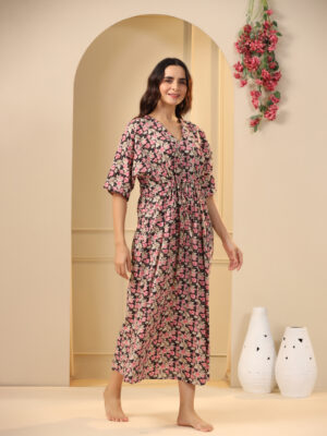 Black V-Neck Floral Print Pure Cotton Nightdress For Women
