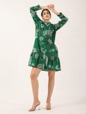 Green V- Neck Floral Print Cotton Nightdress For Women