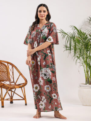 Brown Floral Print Cotton Night Dress For Women