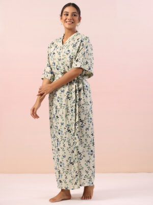 White Floral Printed V-Neck Night Dress For Women