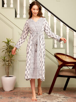 White V-Neck Motif Print Cotton Night Dress For Women