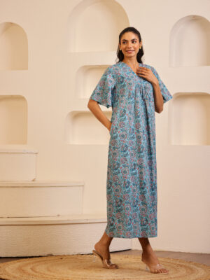 Blue Floral Printed Cotton Night Dress for Women