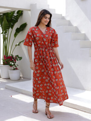 Red Floral Print V-Neck Maxi Nightdress For Women