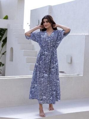 Blue V-Neck Floral Print Cotton Nightdress for Women