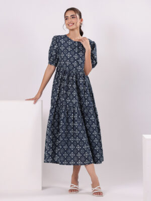 Blue Floral Print Puff Sleeve Night Dress for Women