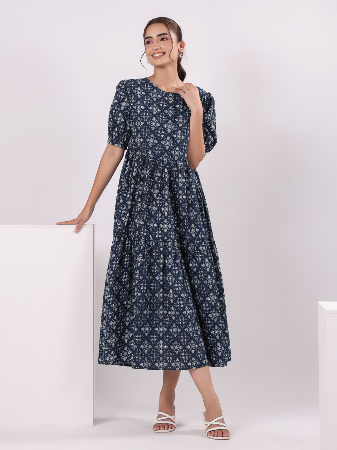 Blue Floral Print Puff Sleeve Night Dress for Women