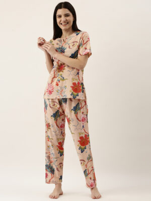 Beige Floral Print Round Neck Cotton Night Suit Set For Women