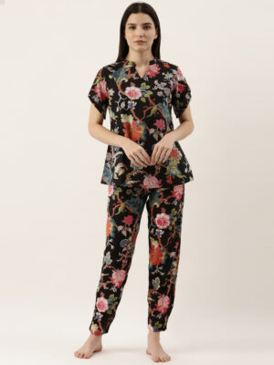 Black Cotton Printed Night Suit Set With Pajama