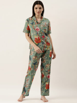 Sage Green Round Neck Floral Print Pure Cotton Night Suit Set For Women