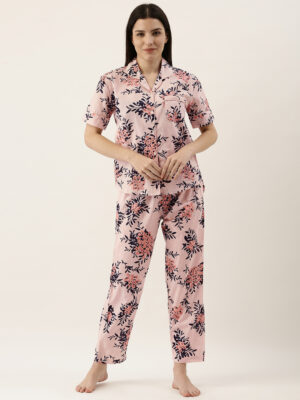 Pink Cotton Printed Night Suit Set With Pajama For Women