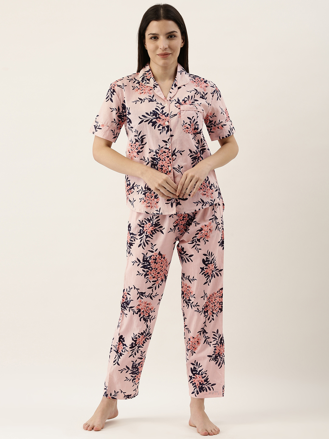 Pink Cotton Printed Night Suit Set With Pajama For Women