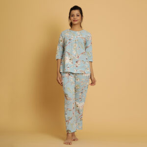Sea Green Printed Round Neck Night Suit For Kids