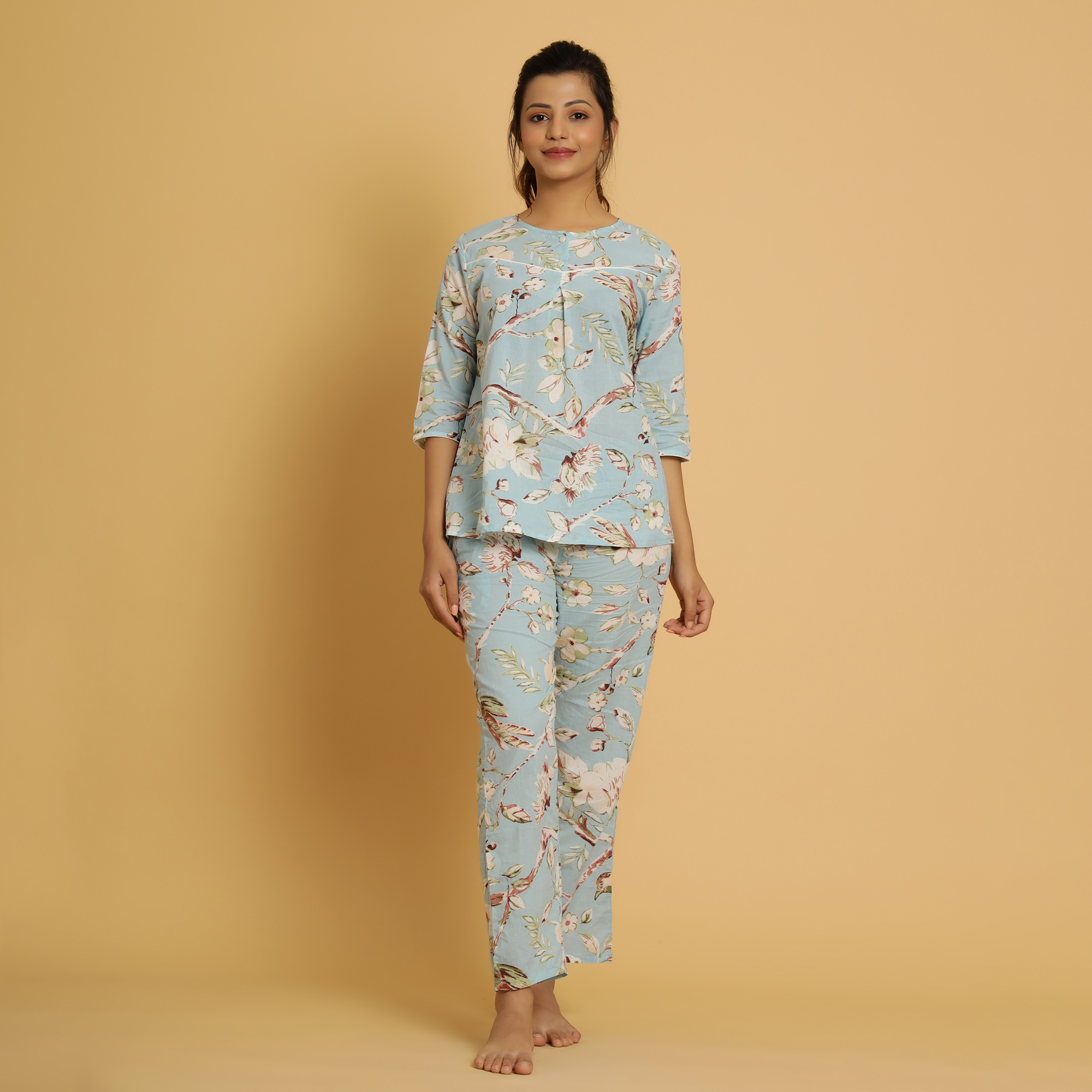 Sea Green Printed Round Neck Night Suit For Kids