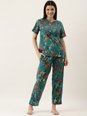 Teal Green Bird & Floral Print Round Neck Cotton Night Suit Set for Women