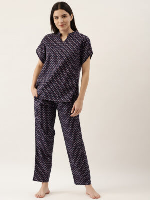Navy Blue Cotton Printed Night Suit Set With Payjama