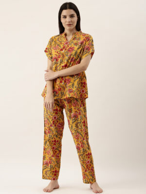 Yellow Cotton Printed Night Suit Set With Payjama