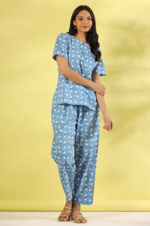 Blue Floral Print Round Neck Cotton Night Suit Set for Women