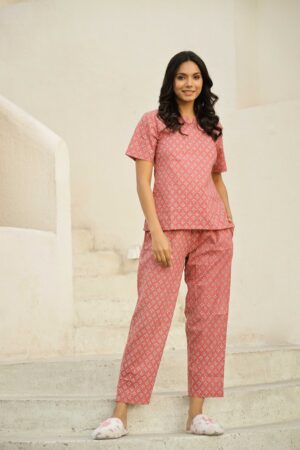 Pink Motif Print Round Neck Pure Cotton Night Suit For Women