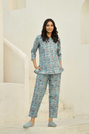 Sky Blue Printed Pure Cotton Night Suit