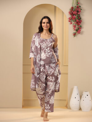 Lilac Leaf Print Round Neck Pure Cotton Three Piece Night Suit Set For Women