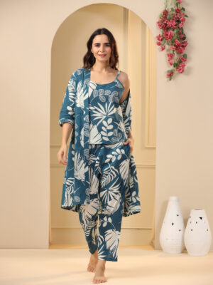 Teal Cotton Printed Three Piece Night Suit Set With Pyjama