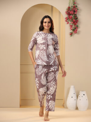 Teal Round Neck Floral Print Cotton Night Suit Set For Women