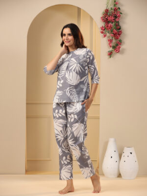 Grey Cotton Printed Night Suit Set With Pajama