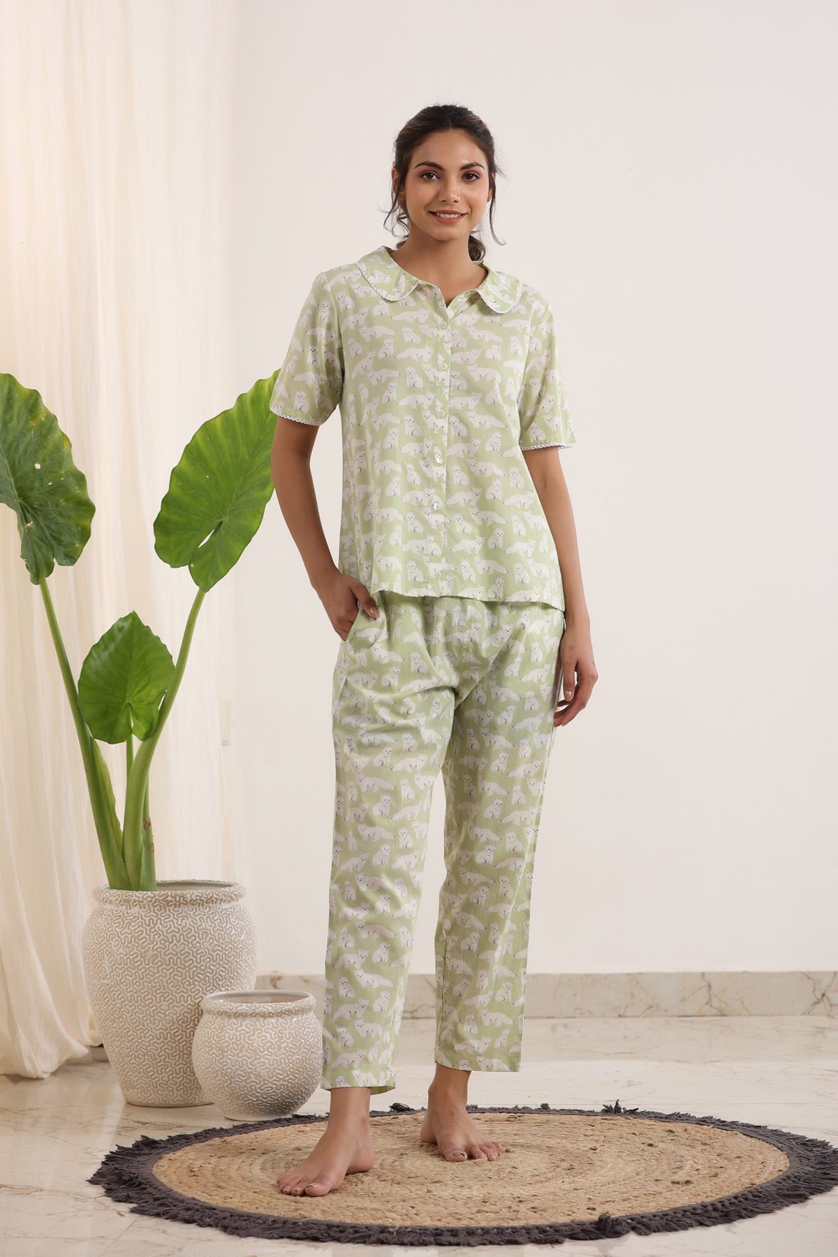 Light Green Printed Peter Pan Collared Night Suit Set
