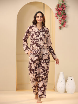 Brown Floral Print Shirt Collar Cotton Night Suit Set For Women