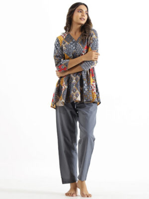 Grey V-Neck Geometric Print Pure Cotton Night Suit For Women