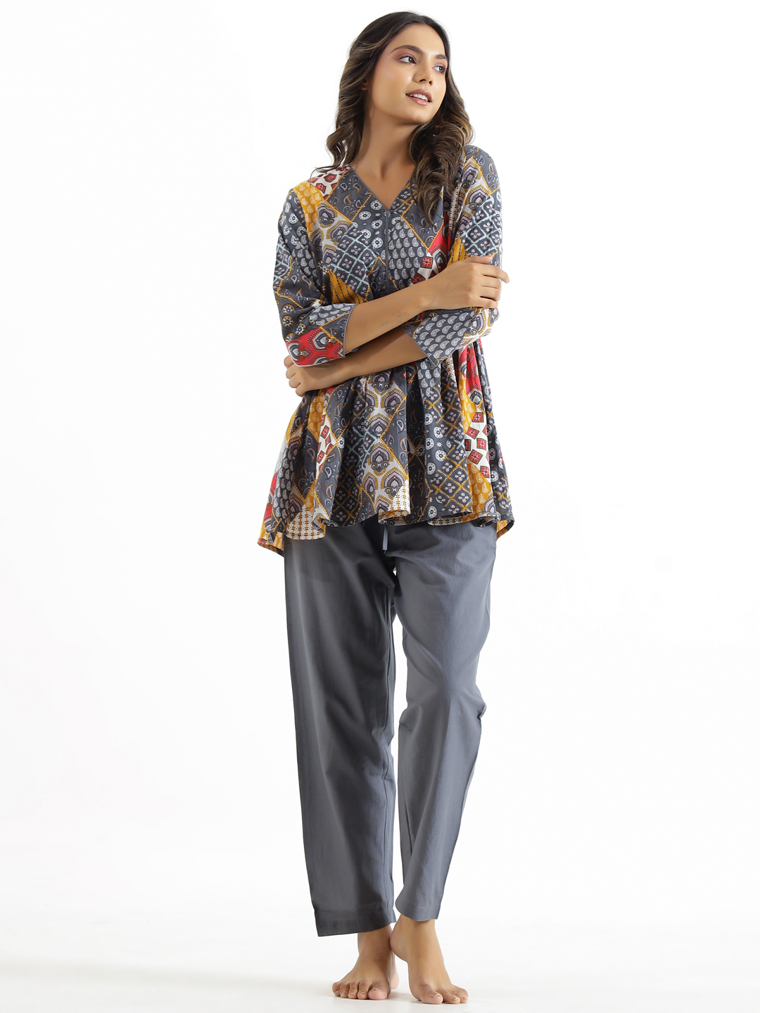 Grey V-Neck Geometric Print Pure Cotton Night Suit For Women