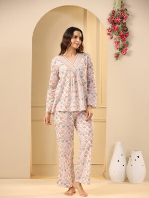 Off White & Pink V-Neck Ethnic Motifs Printed Pure Cotton Night Suit For Women
