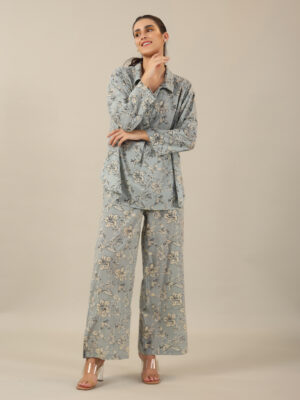 Sea Green Shirt Collar Floral Pure Cotton Night Suit For Women