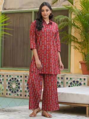 Red Shirt Collar Ethnic Motifs Pure Cotton Night Suit For Women