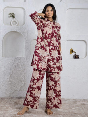 Maroon Shirt Collar Floral Pure Cotton Night Suit For Women