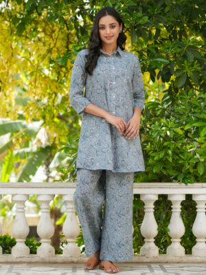 Beige Color Shirt Collar Hand Block Print Pure Cotton Co-Ord Set For Women