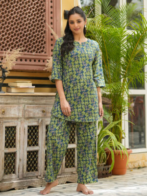 Green V-Neck Floral Pure Cotton Night Suit For Women