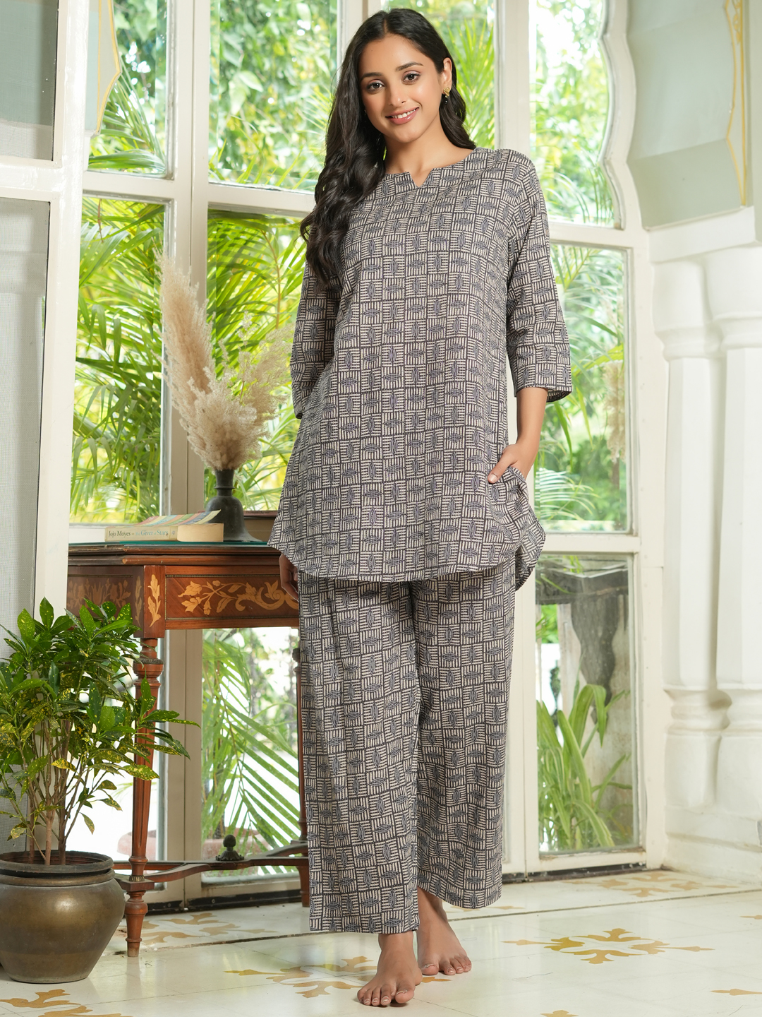 Grey V-Neck Geometric Pure Cotton Night Suit For Women
