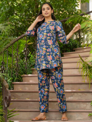 Blue V-Neck Floral Print Pure Cotton Night Suit Set For Women