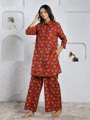 Red Shirt Collar Floral Pure Cotton Night Suit For Women