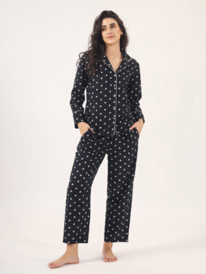 Black Shirt Collar Conversational Pure Cotton Night Suit For Women