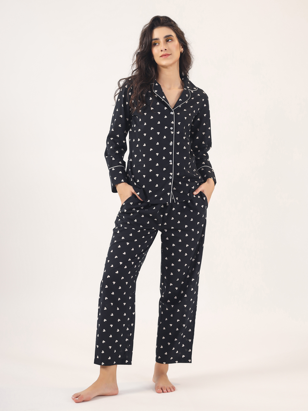 Black Shirt Collar Conversational Pure Cotton Night Suit For Women