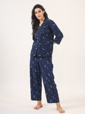 Blue Shirt Collar Alphanumeric Pure Cotton Night Suit For Women